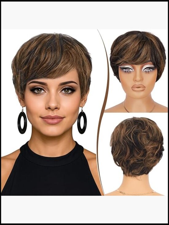Short Human Hair Wig with Bangs Natural Layered Wavy Glueless Daily Wear